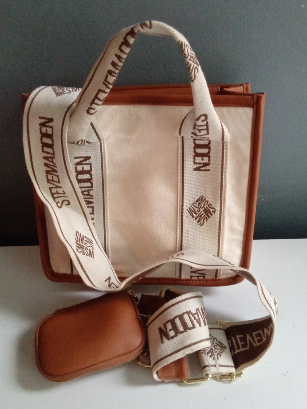 Steve Madden Cream Canvas Shoulder Tote with Brown Trim and Logo Strap